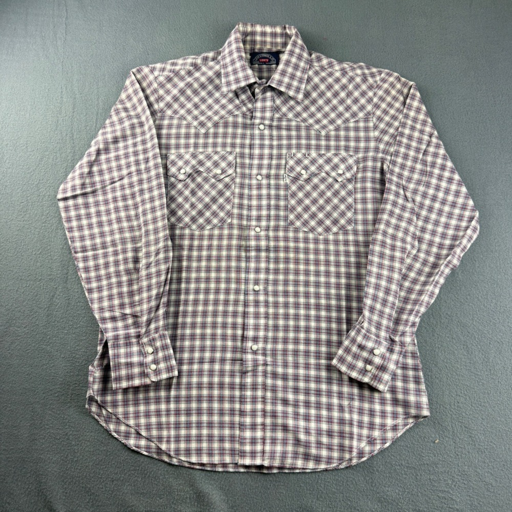 Vintage Levi's Pearl Snap Shirt Men's L Red Plaid Sawtooth 70s Big E Rockabilly